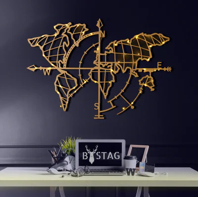 Decoratiune de perete, World Map Compass Led, Dimensiune: 65 x 95 cm, Auriu