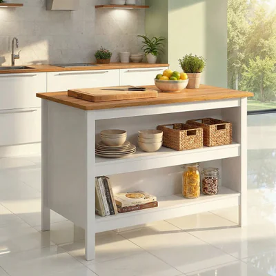 Insula de bucatarie / dulap bucatarie Julina, Inter Link, 124x75x91.5 cm, MDF, alb/maro