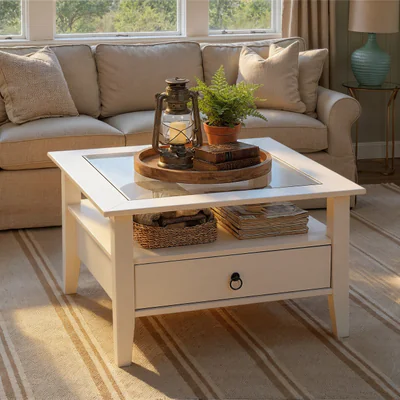 Masuta de cafea Provence 1, Inter Link, 75x75x45 cm, lemn/sticla securizata, alb