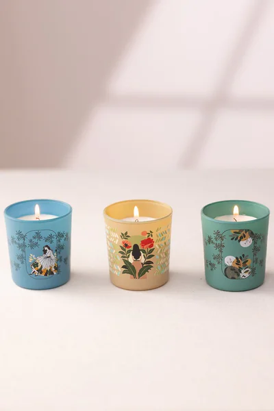 Set de lumanari, Secret Garden, Sticla, Albastru / Verde / Mustar